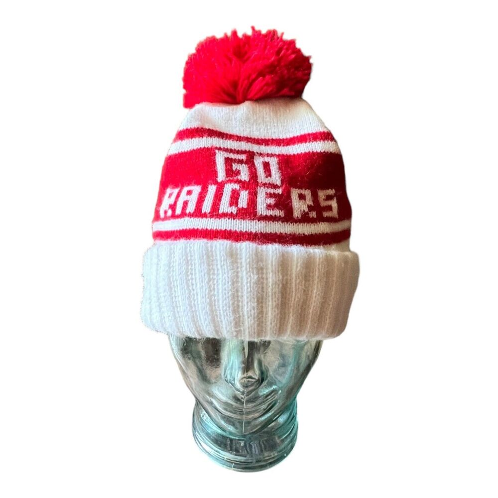 GO RAIDERS Unisex Retro Streetwear Beanie Size OS Red Puff Ball Knit Winter Hat